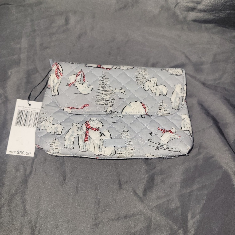 Vera Bradley Brush & Cosmetic Case Beary Merry NWT Travel Polar Bear Gray White